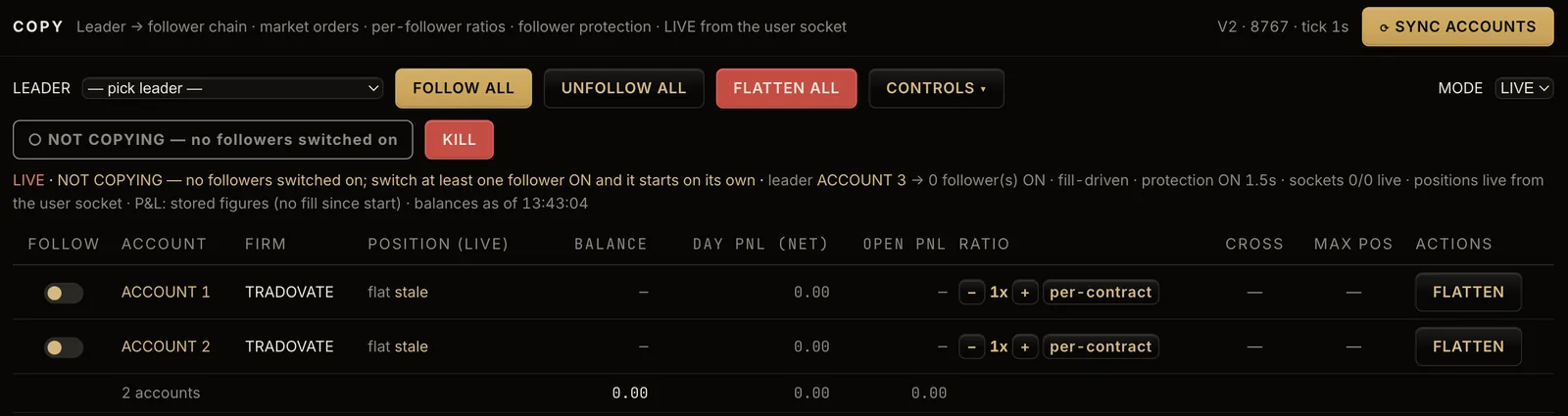 The copy trading screen with a leader picker and follower accounts.